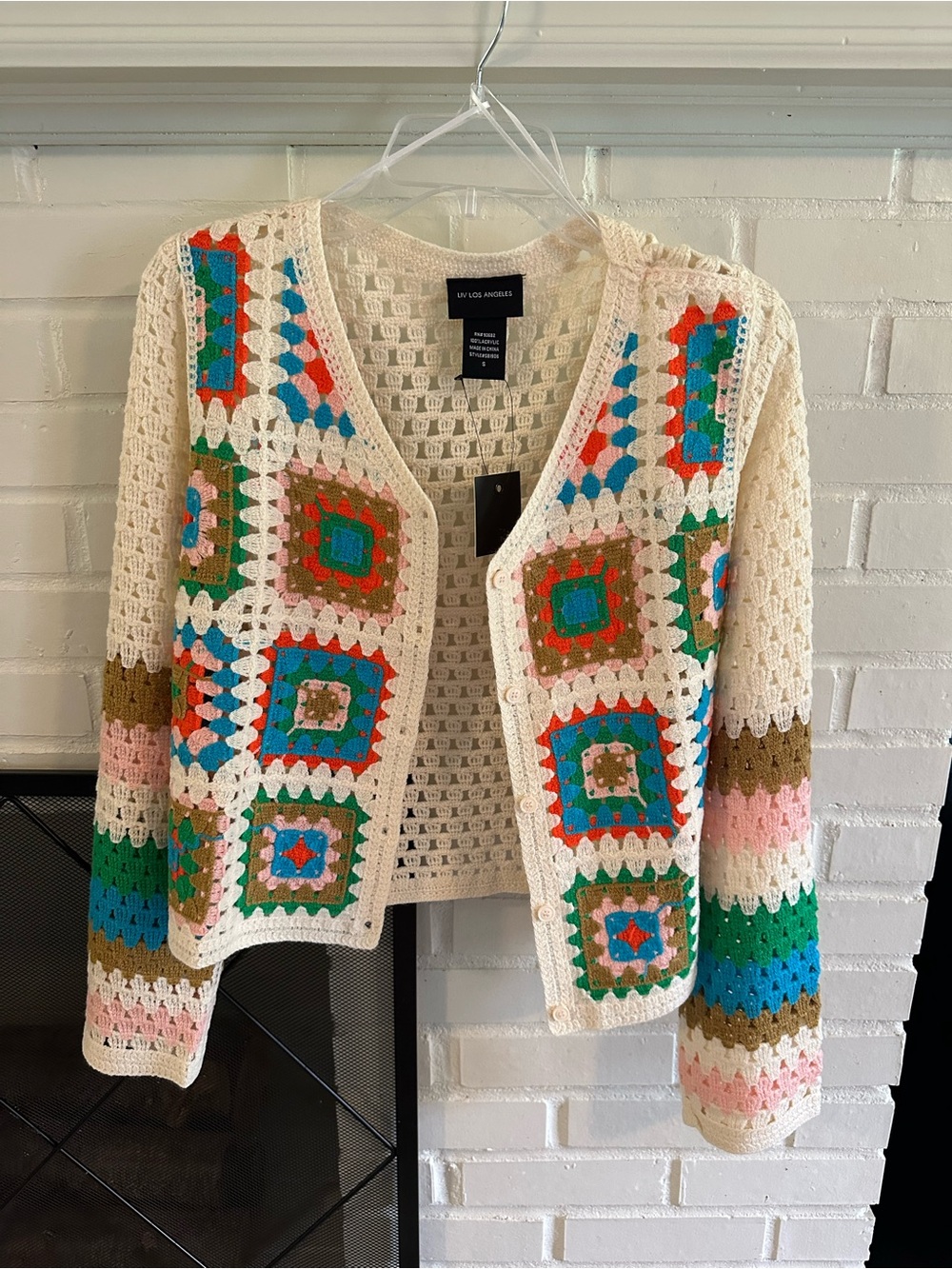 “Quilted” Crochet Open-Front Cardigan Sweater - Cream with Multicolor Squares